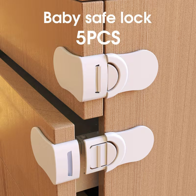 Five Child Safety Locks for Cabinets And Drawers, Toilets, Refrigerators, And Easier Installation Without Drilling - a -Proof Kitchen Cabinet System with Strong Adhesive Tape And Safety Locks