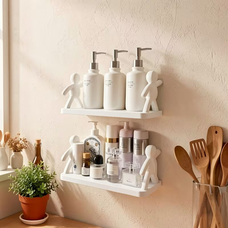 2pcs Modern Layered Plastic Wall-Mounted Shelves, No Drilling, Featuring Human-Shaped Sculptures, Multi-Tier Storage Rack for Bathroom, Kitchen, Or Bathroom Decor| Bathroom Shelves, Modern Wall Shelves, Wall Hanging