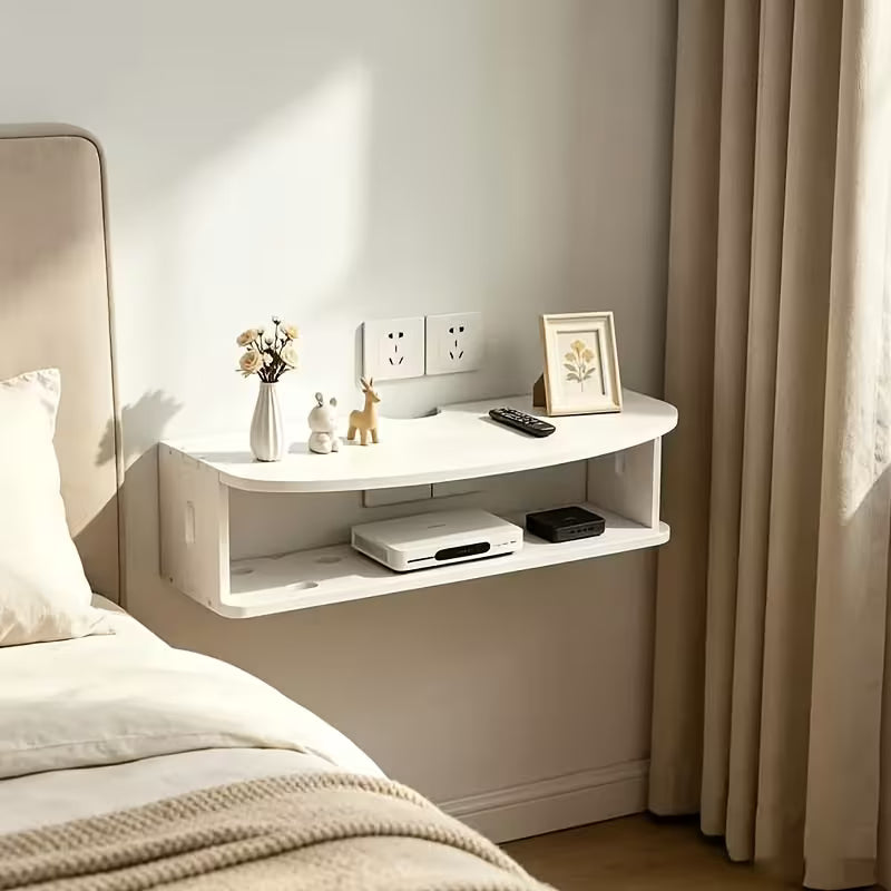 2-Tier Floating Wall Shelf, White No-Drill Wall Mount Bedside Shelf for Bedroom, Projector, Remote Control & Small Items Storage, Floating Shelves