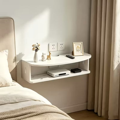 2-Tier Floating Wall Shelf, White No-Drill Wall Mount Bedside Shelf for Bedroom, Projector, Remote Control & Small Items Storage, Floating Shelves