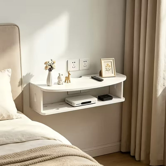 2-Tier Floating Wall Shelf, White No-Drill Wall Mount Bedside Shelf for Bedroom, Projector, Remote Control & Small Items Storage, Floating Shelves