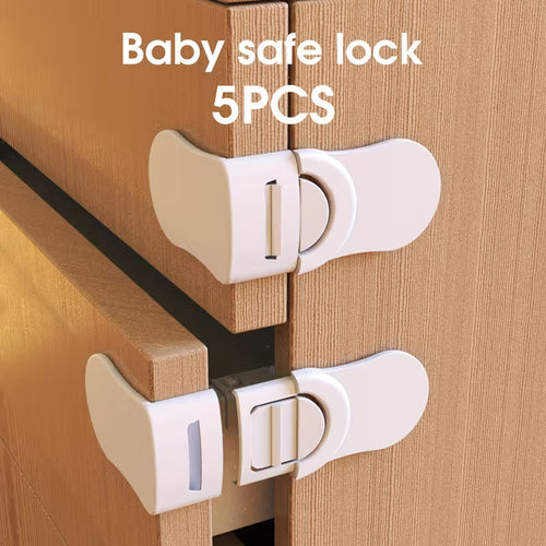 Five Child Safety Locks for Cabinets And Drawers, Toilets, Refrigerators, And Easier Installation Without Drilling - a -Proof Kitchen Cabinet System with Strong Adhesive Tape And Safety Locks