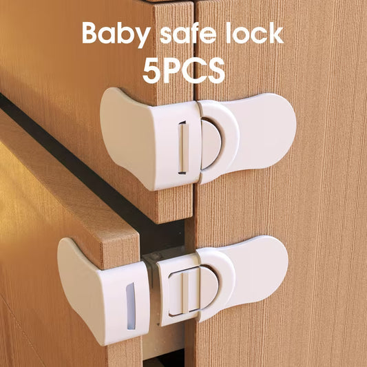 Five Child Safety Locks for Cabinets And Drawers, Toilets, Refrigerators, And Easier Installation Without Drilling - a -Proof Kitchen Cabinet System with Strong Adhesive Tape And Safety Locks