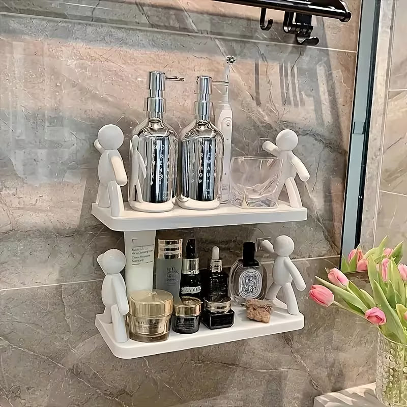 2pcs Modern Layered Plastic Wall-Mounted Shelves, No Drilling, Featuring Human-Shaped Sculptures, Multi-Tier Storage Rack for Bathroom, Kitchen, Or Bathroom Decor| Bathroom Shelves, Modern Wall Shelves, Wall Hanging