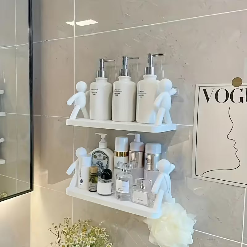 2pcs Modern Layered Plastic Wall-Mounted Shelves, No Drilling, Featuring Human-Shaped Sculptures, Multi-Tier Storage Rack for Bathroom, Kitchen, Or Bathroom Decor| Bathroom Shelves, Modern Wall Shelves, Wall Hanging